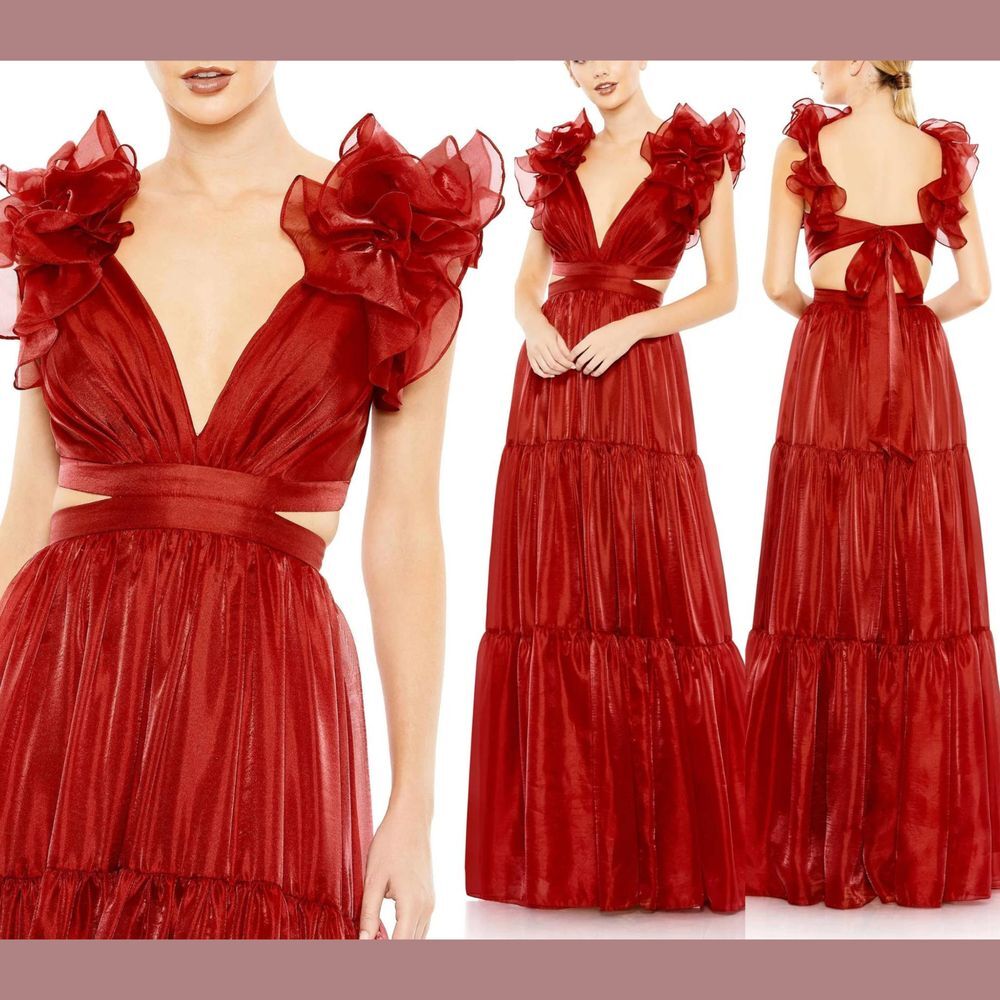 NWT Mac Duggal [ 16 ] Ruffle Shoulder Cutout Soft Tie Back Tiered Gown Red 49528